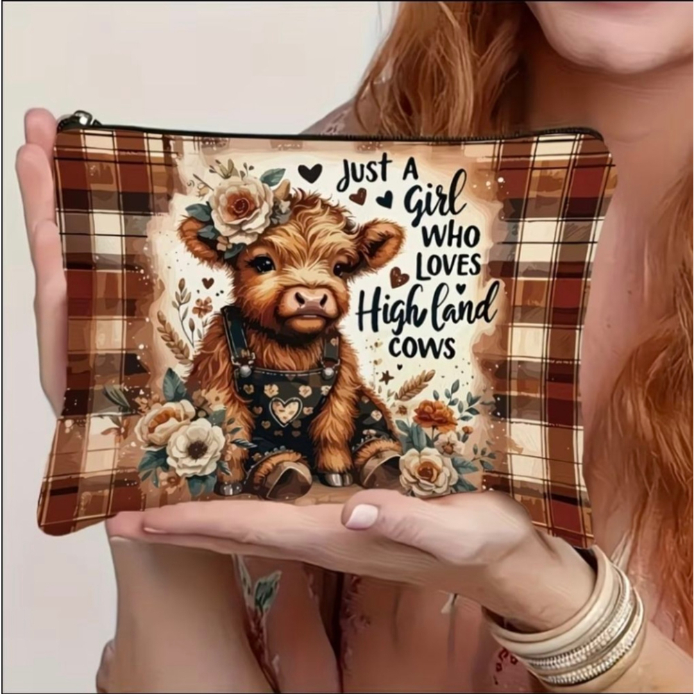 Women's Highland Cow Plaid Cosmetic Bag One Size Brown Beige